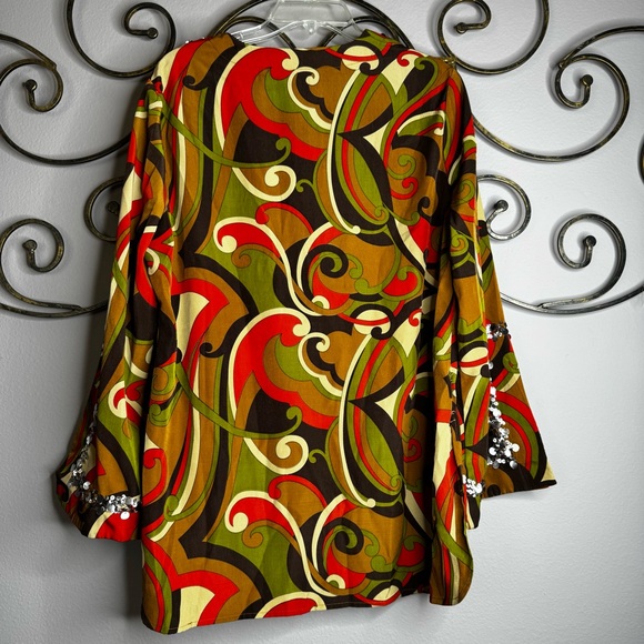 Patti Labelle Sequin Trim Multi-Color Brown Orange Retro Style Blouse Sz L - Picture 3 of 10
